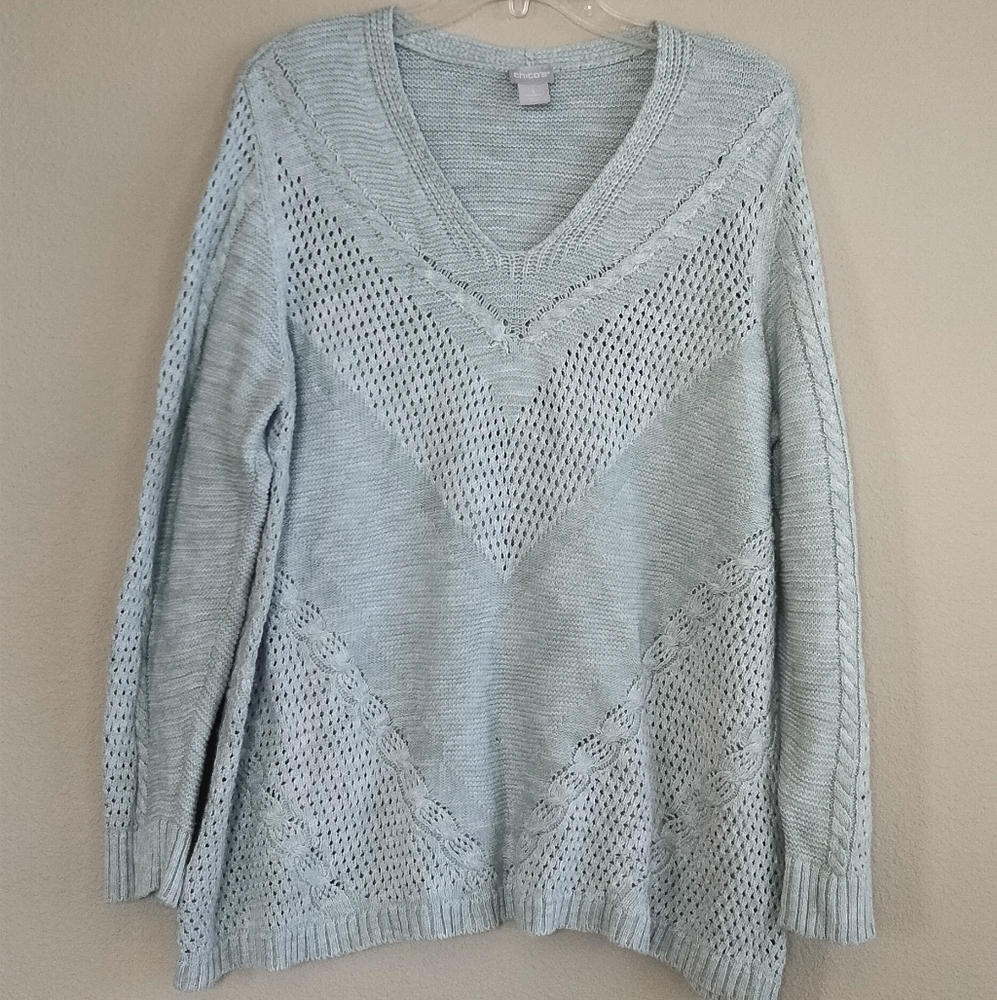 Chico's size us Large / XL Chico's 3 light blue sweater with eyelet knit pattern